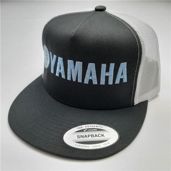 Yamaha Racing Flat Bill Cap Hat Trucker Mesh Snapback Gray White Tuning Fork MX